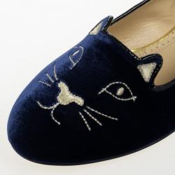 Pre Owned Charlotte Olympia Kitty Embroidered Velvet Flats Size 39.5