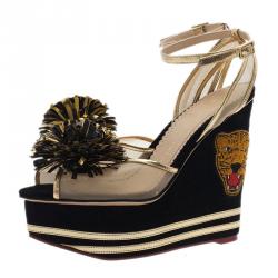 Charlotte Olympia Black Suede Team Spirit Varsity Wedge Sandals Size 37
