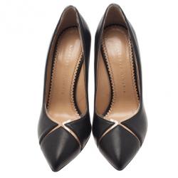 Pre Owned Charlotte Olympia Black Leather PVC Trimmed Natalie Pumps Size 38