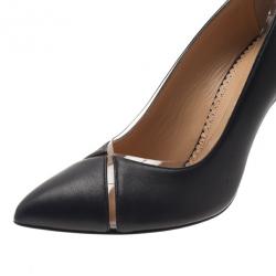 Pre Owned Charlotte Olympia Black Leather PVC Trimmed Natalie Pumps Size 38
