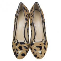 Pre Owned Charlotte Olympia Leopard Pony Hair Kitty Embroidered Pumps Size 39