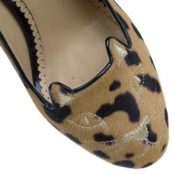 Pre Owned Charlotte Olympia Leopard Pony Hair Kitty Embroidered Pumps Size 39