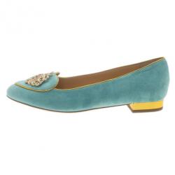 Pre Owned Charlotte Olympia Light Blue Suede Gemini Smoking Slippers Size 39.5