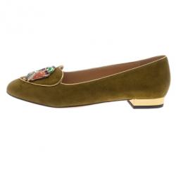 Pre Owned Charlotte Olympia Green Suede Capricorn Smoking Slippers Size 38.5