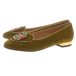 Pre Owned Charlotte Olympia Green Suede Capricorn Smoking Slippers Size 38.5