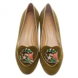 Pre Owned Charlotte Olympia Green Suede Capricorn Smoking Slippers Size 38.5