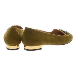 Pre Owned Charlotte Olympia Green Suede Capricorn Smoking Slippers Size 38.5