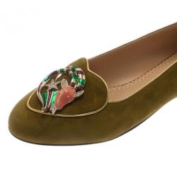 Pre Owned Charlotte Olympia Green Suede Capricorn Smoking Slippers Size 38.5