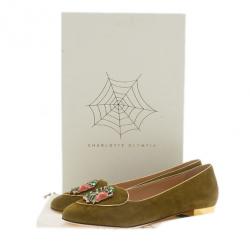 Pre Owned Charlotte Olympia Green Suede Capricorn Smoking Slippers Size 38.5