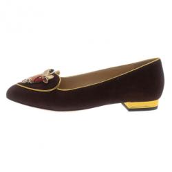 Pre Owned Charlotte Olympia Brown Suede Taurus Smoking Slippers Size 37.5