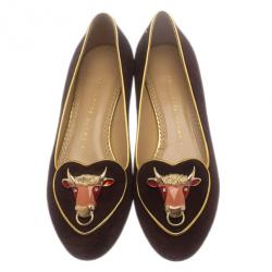 Pre Owned Charlotte Olympia Brown Suede Taurus Smoking Slippers Size 37.5