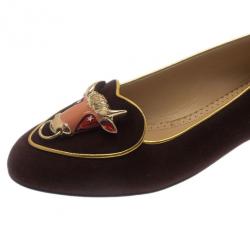 Pre Owned Charlotte Olympia Brown Suede Taurus Smoking Slippers Size 37.5