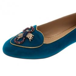 Pre Owned Charlotte Olympia Blue Suede Scorpio Smoking Slippers Size 39.5