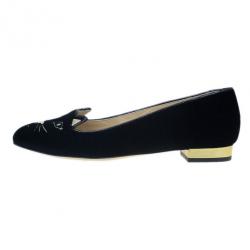 Pre Owned Charlotte Olympia Black Kitty Embroidered Velvet Flats Size 39