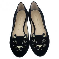 Pre Owned Charlotte Olympia Black Kitty Embroidered Velvet Flats Size 39
