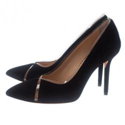 Pre Owned Charlotte Olympia Black Suede PVC Trimmed Natalie Pumps Size 37