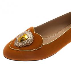 Pre Owned Charlotte Olympia Orange Suede Leo Smoking Slippers Size 39