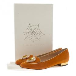 Pre Owned Charlotte Olympia Orange Suede Leo Smoking Slippers Size 39