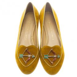 Pre Owned Charlotte Olympia Mustard Yellow Suede Sagittarius Smoking Slippers Size 39.5