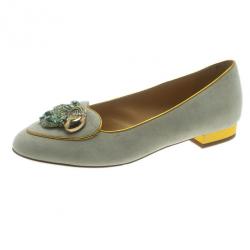 Pre Owned Charlotte Olympia Grey Suede Aquarius Smoking Slippers Size 37.5