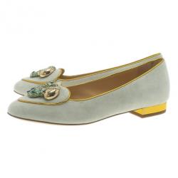 Pre Owned Charlotte Olympia Grey Suede Aquarius Smoking Slippers Size 37.5
