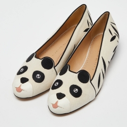 Charlotte Olympia White/Black Velvet Kitty Ballet Flats Size 38