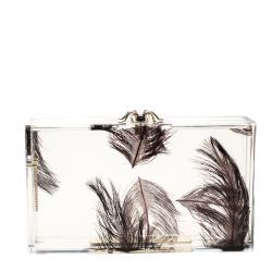 Pre Owned Charlotte Olympia Clear Feather Print Perspex Pandora Classic Box Clutch