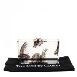 Pre Owned Charlotte Olympia Clear Feather Print Perspex Pandora Classic Box Clutch