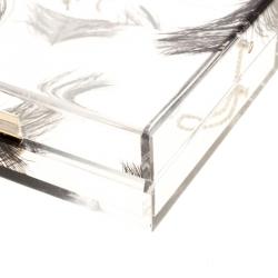 Pre Owned Charlotte Olympia Clear Feather Print Perspex Pandora Classic Box Clutch