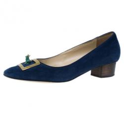 Pre Owned Charlotte Olympia Navy Suede Buckle Detail Kiss Me Quick Pumps Size 39