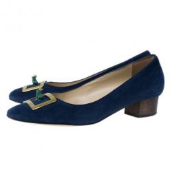 Pre Owned Charlotte Olympia Navy Suede Buckle Detail Kiss Me Quick Pumps Size 39