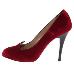 Pre Owned Charlotte Olympia Red Kitty Embroidered Velvet Pumps Size 39