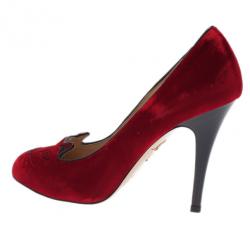 Pre Owned Charlotte Olympia Red Kitty Embroidered Velvet Pumps Size 39