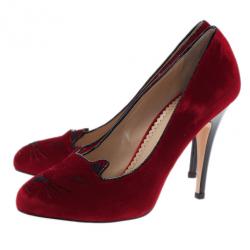 Pre Owned Charlotte Olympia Red Kitty Embroidered Velvet Pumps Size 39