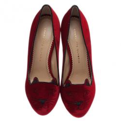 Pre Owned Charlotte Olympia Red Kitty Embroidered Velvet Pumps Size 39