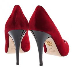 Pre Owned Charlotte Olympia Red Kitty Embroidered Velvet Pumps Size 39