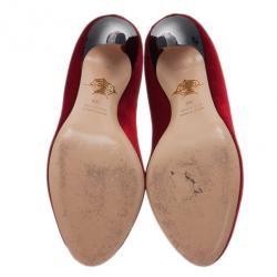Pre Owned Charlotte Olympia Red Kitty Embroidered Velvet Pumps Size 39