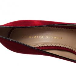 Pre Owned Charlotte Olympia Red Kitty Embroidered Velvet Pumps Size 39