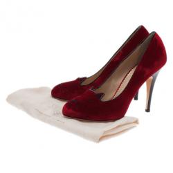Pre Owned Charlotte Olympia Red Kitty Embroidered Velvet Pumps Size 39