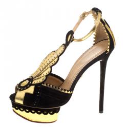 Pre Owned صندل شارلوت أوليمبيا صن صيت جلد ميتاليك وسويدي بحزام للكاحل نعل سميك مقاس 36.5