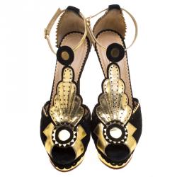 Pre Owned صندل شارلوت أوليمبيا صن صيت جلد ميتاليك وسويدي بحزام للكاحل نعل سميك مقاس 36.5