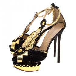 Pre Owned صندل شارلوت أوليمبيا صن صيت جلد ميتاليك وسويدي بحزام للكاحل نعل سميك مقاس 36.5