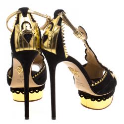 Pre Owned صندل شارلوت أوليمبيا صن صيت جلد ميتاليك وسويدي بحزام للكاحل نعل سميك مقاس 36.5