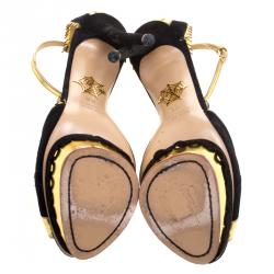 Pre Owned صندل شارلوت أوليمبيا صن صيت جلد ميتاليك وسويدي بحزام للكاحل نعل سميك مقاس 36.5