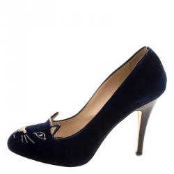 Pre Owned حذاء كعب عالي شارلوت أوليمبيا كيتي قطيفة زرقاء مطرزة مقاس 39