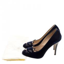 Pre Owned حذاء كعب عالي شارلوت أوليمبيا كيتي قطيفة زرقاء مطرزة مقاس 39