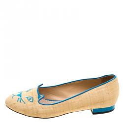 Pre Owned Charlotte Olympia Beige and Blue Raffia Kitty Flats Size 37