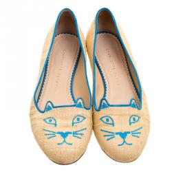Pre Owned Charlotte Olympia Beige and Blue Raffia Kitty Flats Size 37