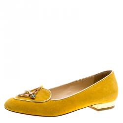 Charlotte Olympia Mustard Yellow Suede Sagittarius Smoking Slippers Size 36