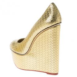Pre Owned Charlotte Olympia Gold Metallic Carmen Woven Leather Wedge Pumps Size 40